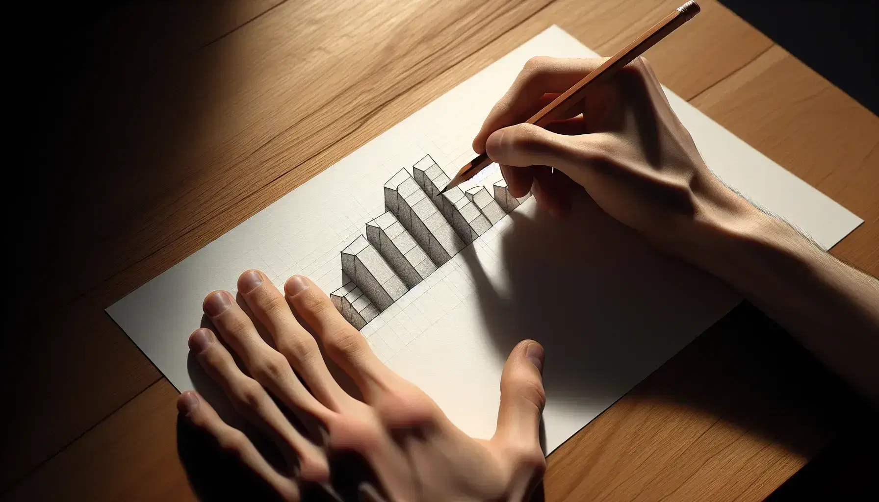 Close-up view of hands drawing a bar graph with a pencil on white paper, on a wooden desk with soft shadows.