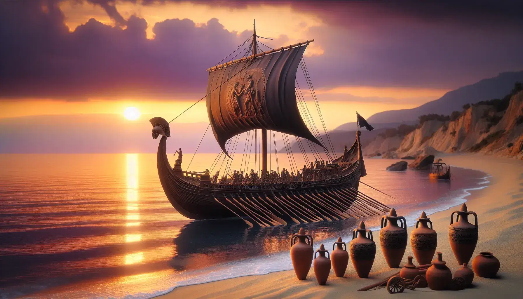 Tramonto sul mare con riflessi dorati, trireme greca su spiaggia sabbiosa e anfore terracotta, uccelli in volo.