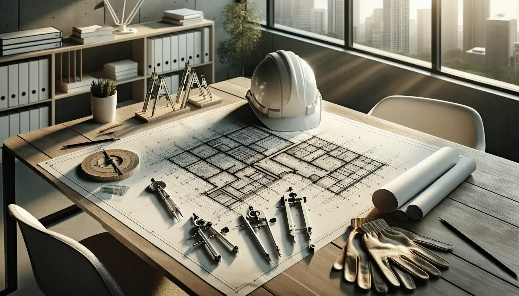 Mesa de trabajo de arquitectura con plano, herramientas técnicas, casco de seguridad, guantes de cuero y maqueta de edificio, iluminada por luz natural.