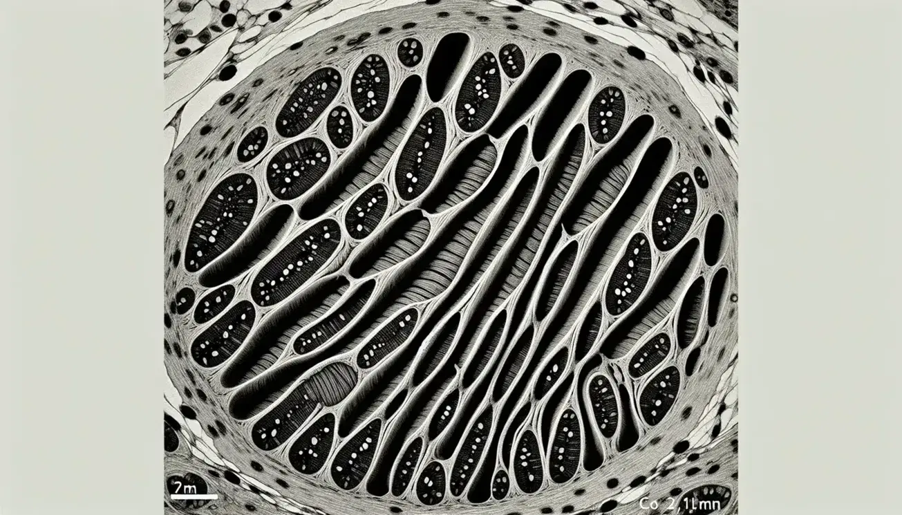 Sezione trasversale microscopica di muscolo scheletrico evidenziando myofibrille striate, mitocondri e nuclei cellulari periferici.
