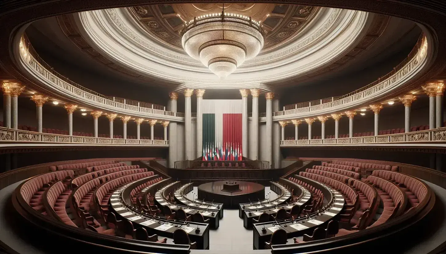 Vista interior de una sala solemne con asientos curvos en semicírculo, podio de madera y micrófono, balcones con columnas de mármol y una bandera tricolor.
