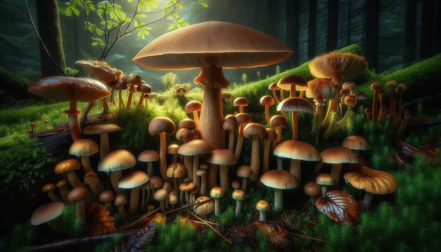 Varietà di funghi in un sottobosco umido con un grosso fungo marrone al centro, circondato da muschi, foglie cadute e licheni.