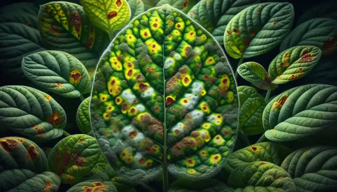 Close-up of a leaf with fungal infection, showing a pattern of green and yellow patches, powdery mildew, and brown leaf spots against a blurred foliage background.