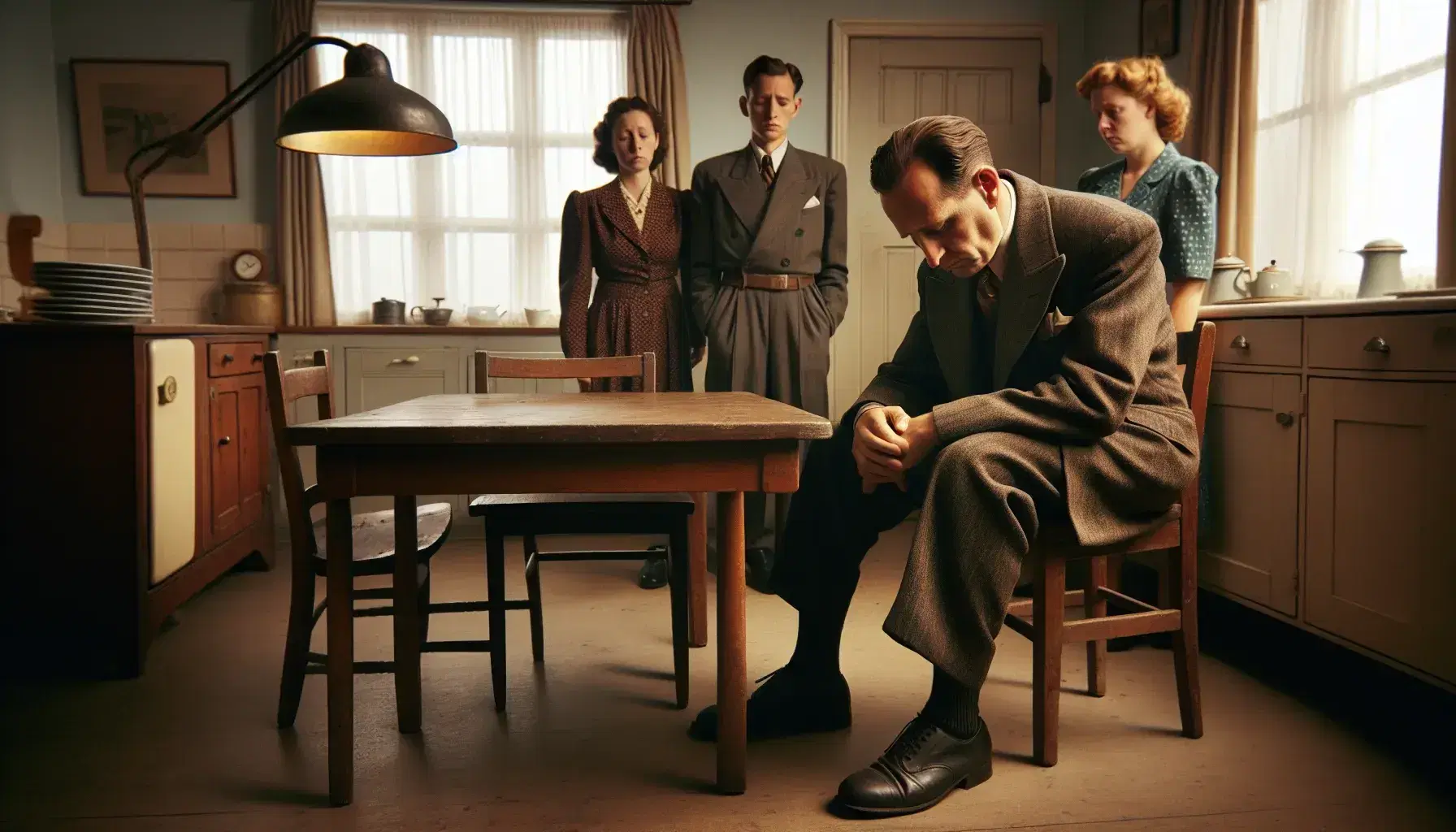 Middle-aged man in 1940s suit sits at a worn kitchen table, head bowed, with a woman comforting him and two young adults looking on in a dimly lit, vintage room.