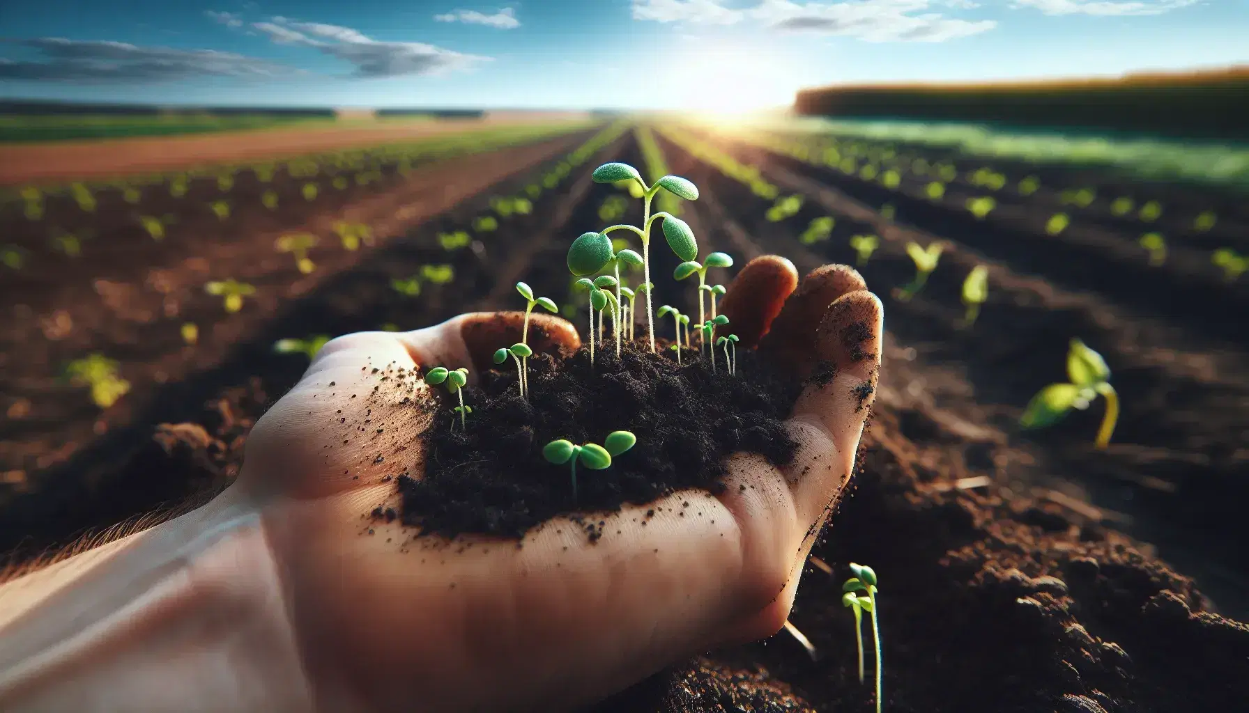 Mano sosteniendo tierra fértil con brotes verdes, simbolizando crecimiento y agricultura sostenible, bajo cielo azul despejado.
