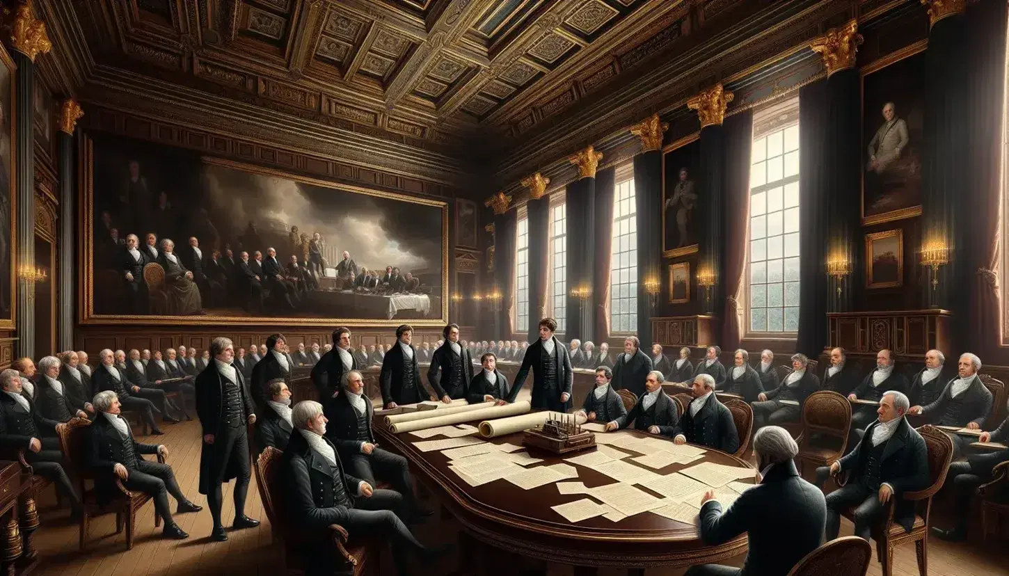 Escena histórica en sala neoclásica con hombres vestidos de época debatiendo alrededor de una mesa ovalada, documentos sobre ella y detalles dorados en un entorno iluminado por luz natural.