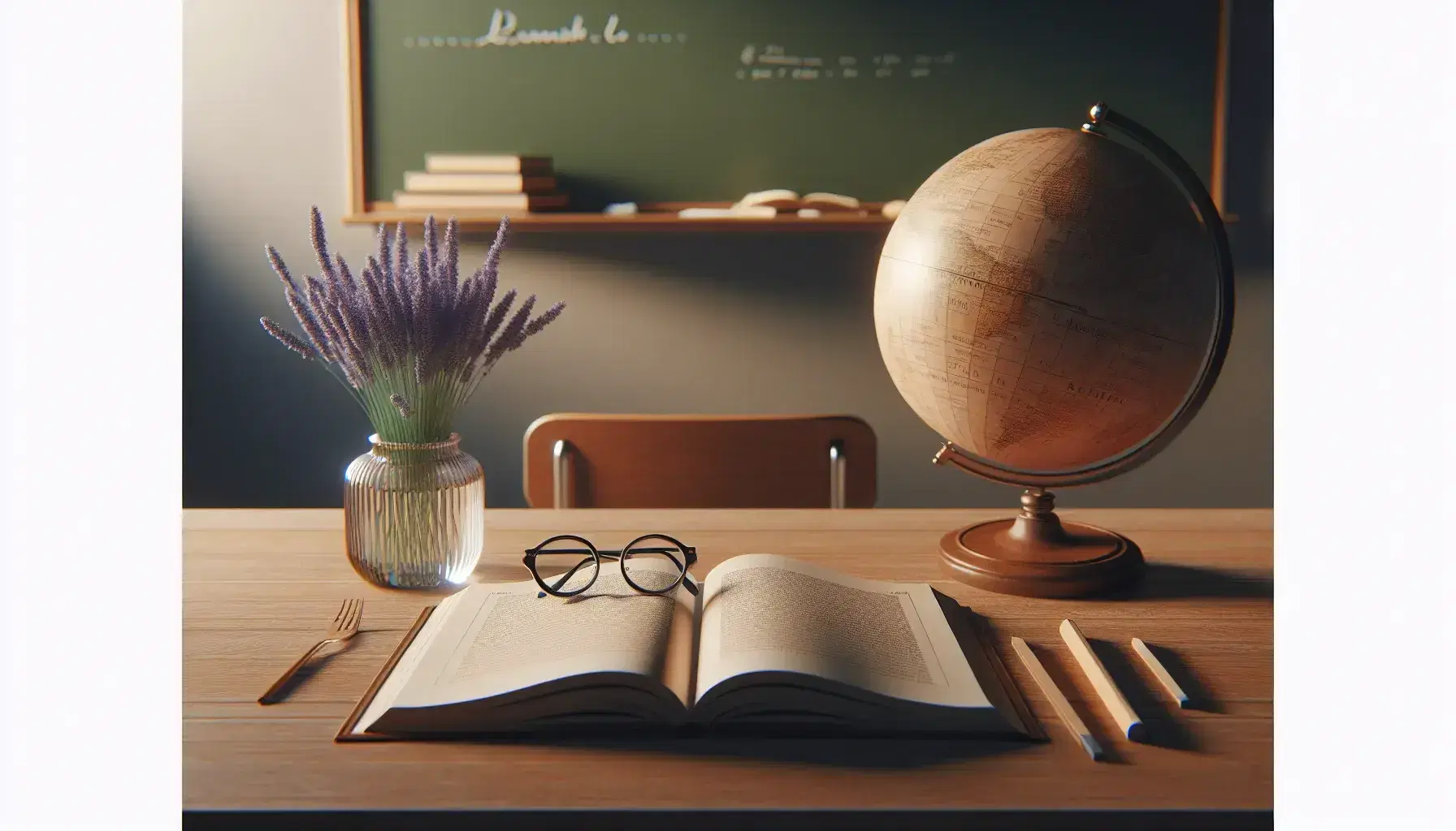 Serene French language classroom with an open textbook, round eyeglasses, and lavender bouquet on a desk, a clean chalkboard, globe, and potted plant in the background.