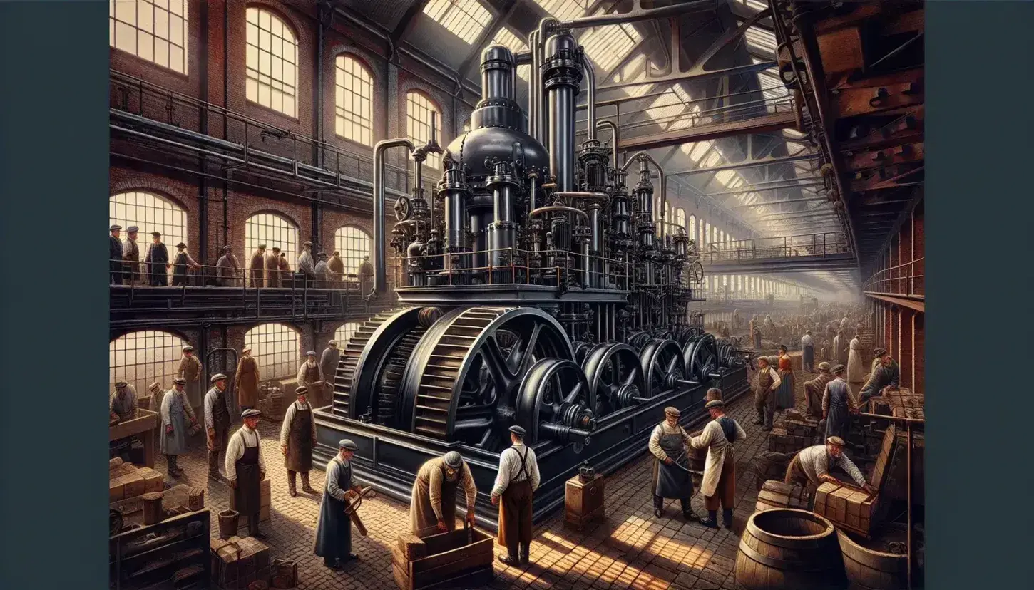 Macchina a vapore centrale con operai in abiti d'epoca che lavorano in fabbrica illuminata, pareti in mattoni rossi e finestre rettangolari.