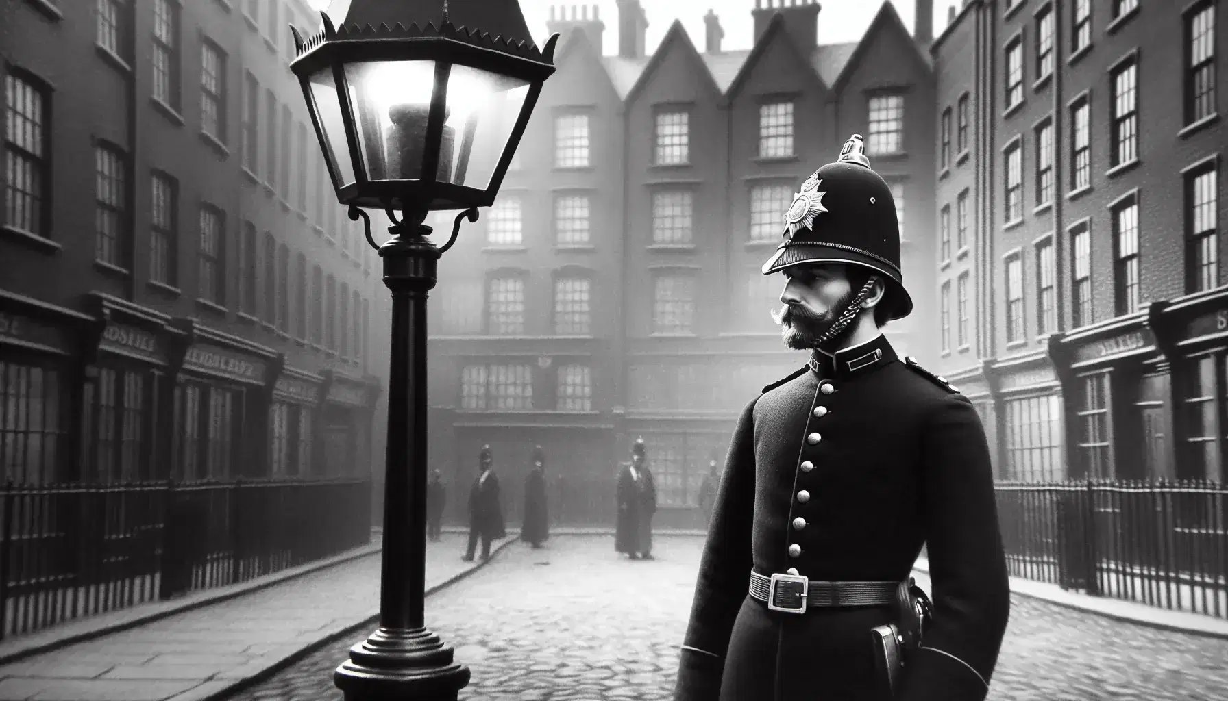 19th-century London street scene with a patrolling Bobby in Victorian police attire, near a gas street lamp, against a backdrop of brick buildings at dusk.