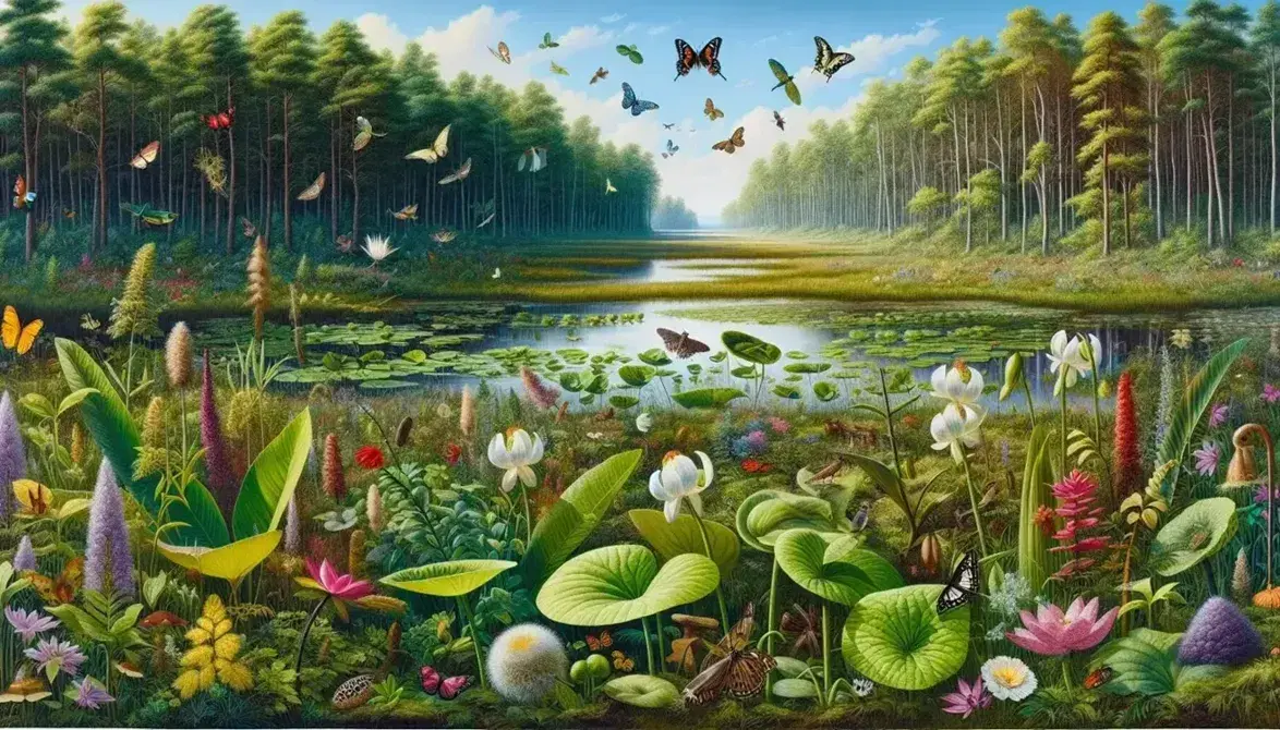 Paisaje natural diverso con plantas verdes, flores coloridas, insectos, cuerpo de agua con nenúfares, bosque denso y aves en vuelo bajo un cielo azul.