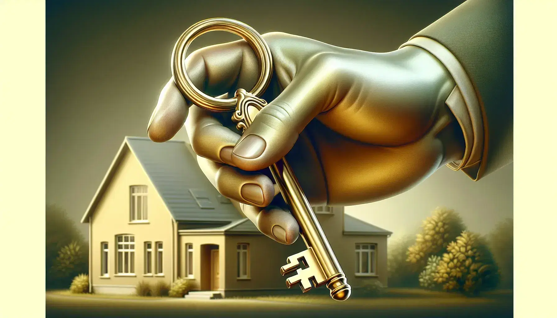 Mano che tiene una chiave d'oro con sfondo sfocato di una casa, simboleggiando l'accesso alla proprietà o un nuovo inizio.