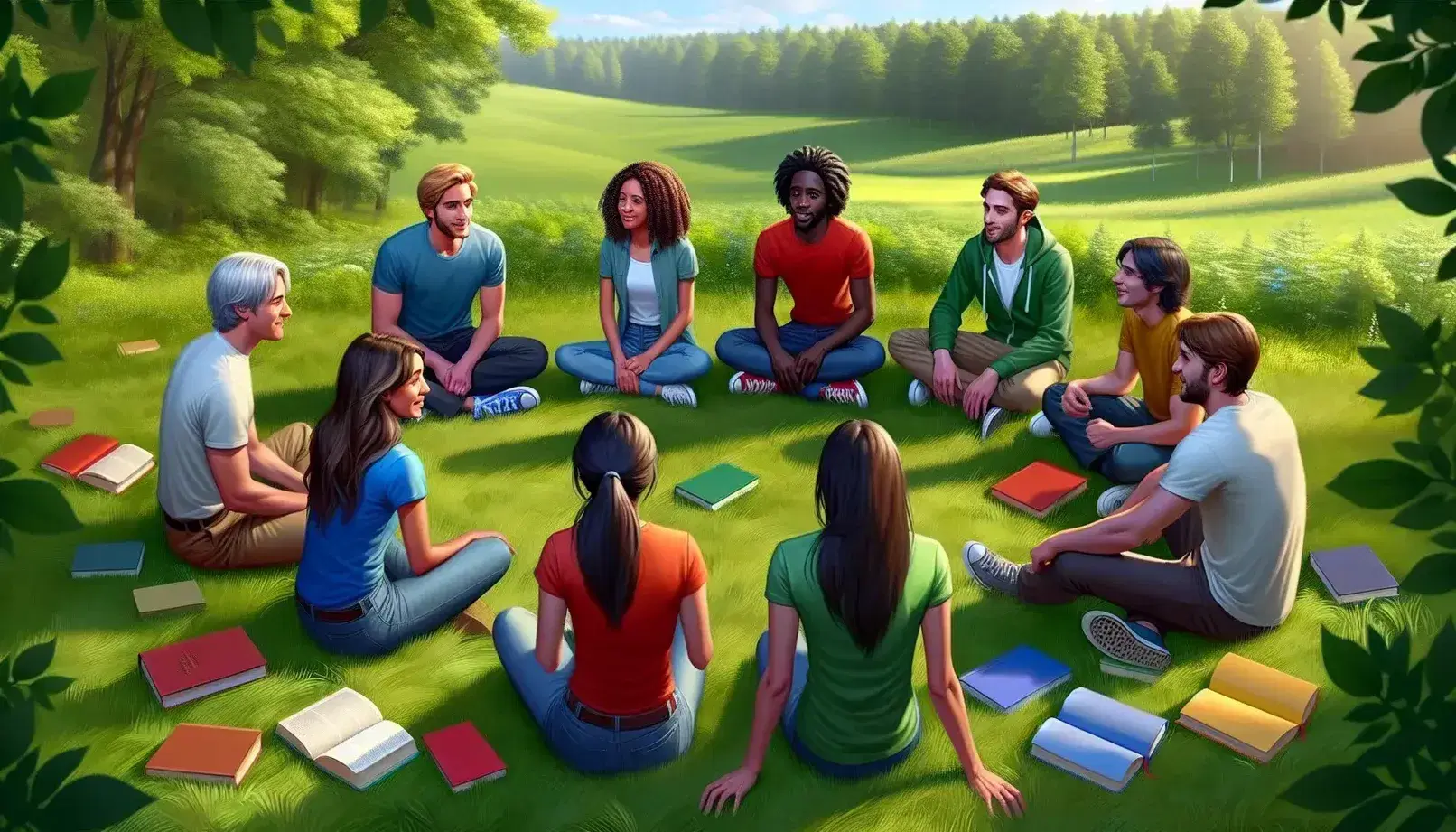 Gruppo multietnico di quattro persone sedute su prato verde con libri sparsi, discutendo sorridenti in una giornata soleggiata.
