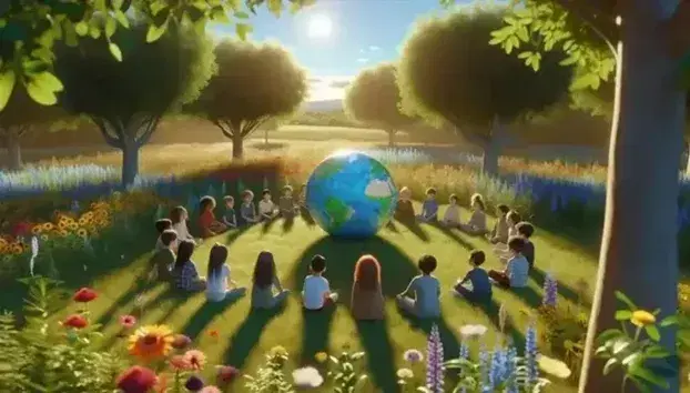 Niños de diversas etnias sentados en círculo sobre césped con un globo de material reciclado en el centro, rodeados de árboles y flores silvestres en un día soleado.