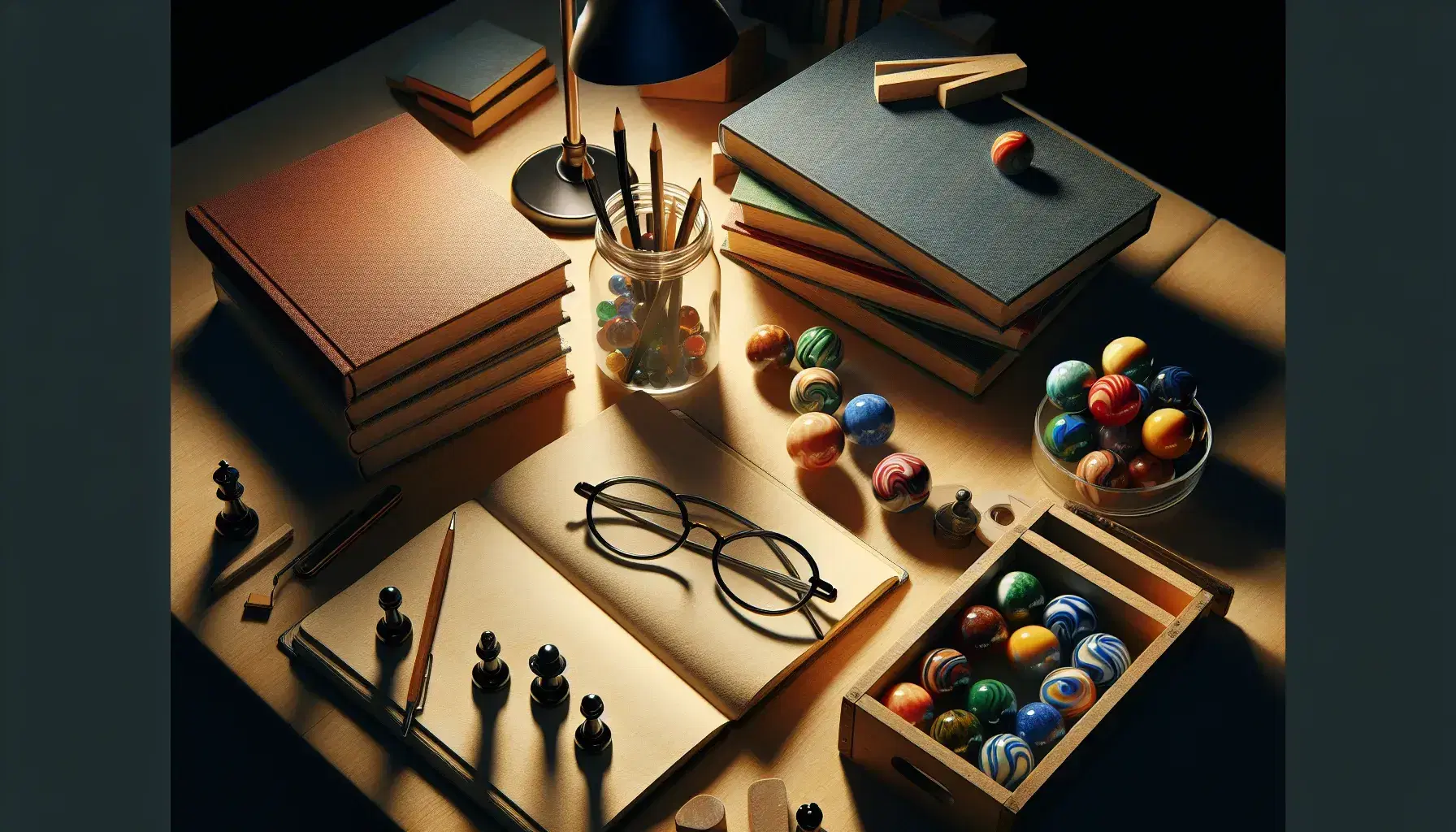 Wooden desk with stacked books, jar of colorful marbles, chess, glasses and empty notebook under a lamp, green plant in the foreground.