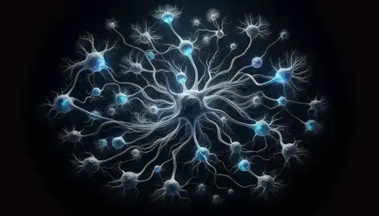Red de neuronas interconectadas con dendritas azul translúcido sobre fondo negro, destacando la complejidad del sistema nervioso.