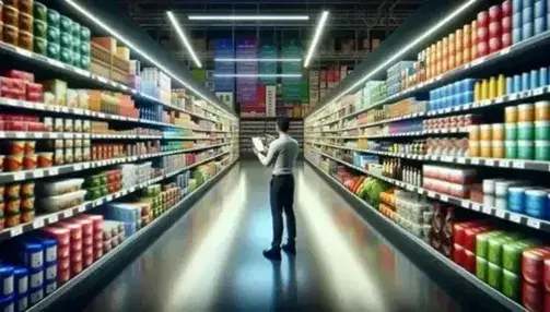 Supermarket aisle with organized shelves of unbranded products, person with handheld device checking inventory, bright lighting, and clean floors.