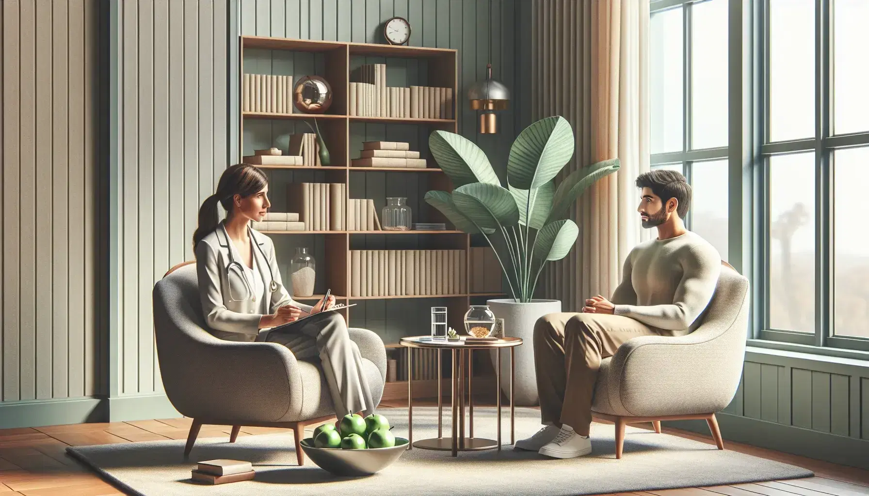 Middle Eastern female therapist and South Asian male client in bright room with bookcase, coffee table, water and green apples.