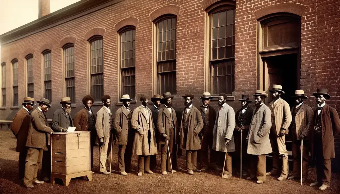 Group of African American men in 19th century clothing line up to vote in front of a brick building with ballot box and supervisors.