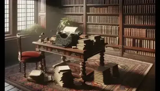 Biblioteca antigua con mesa de madera oscura y máquina de escribir negra, pila de hojas en blanco y estantería repleta de libros encuadernados en cuero, iluminada por ventana que crea un efecto de claroscuro.