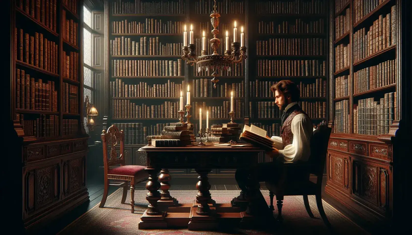 Biblioteca antigua con estantes de madera oscuros llenos de libros, mesa con candelabro y hombre vestido de época leyendo bajo la luz de las velas.
