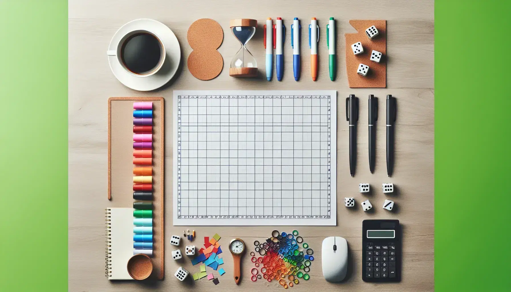 Escritorio de trabajo con elementos de planificación de marketing como tablero en blanco, marcadores de colores, dados, calculadora, reloj de arena, taza de café y piezas de rompecabezas.