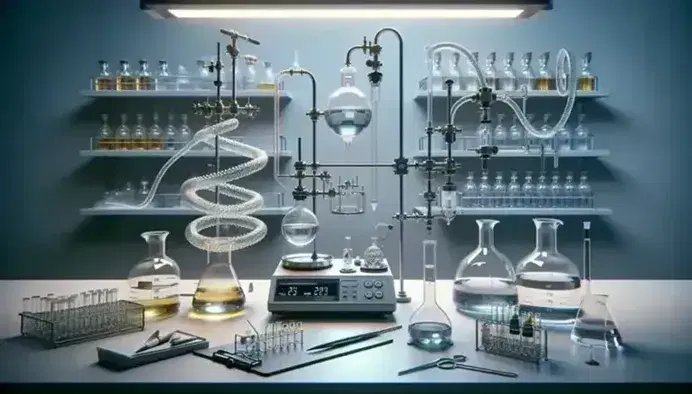 Laboratorio di chimica organica con apparecchiatura per distillazione, becher con liquidi colorati e bilancia analitica digitale.