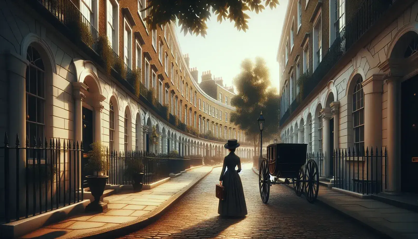 Early 20th-century cobblestone street in London with Georgian townhouses, a lone figure walking, parked vintage carriage, and a clear blue sky.