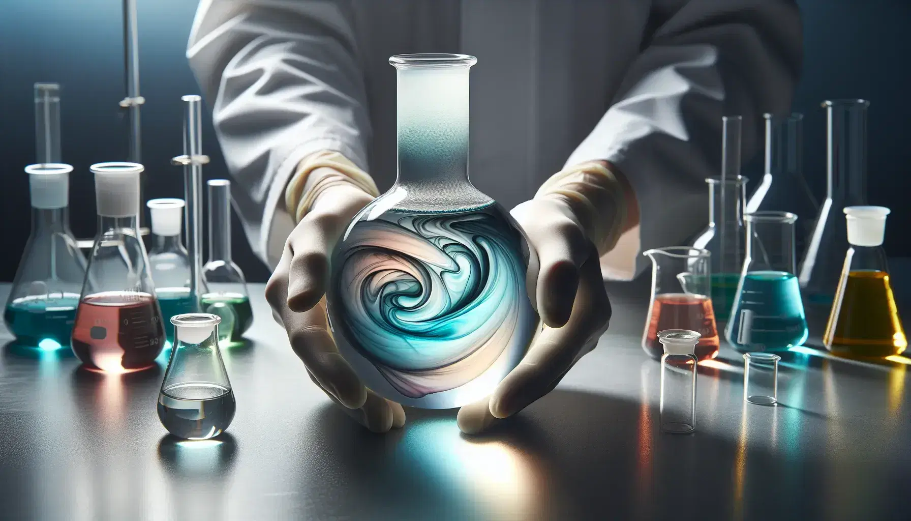 Hands in white gloves holding a glass flask with blue to turquoise gradient liquid in a lab setting with assorted colorful glassware in the background.