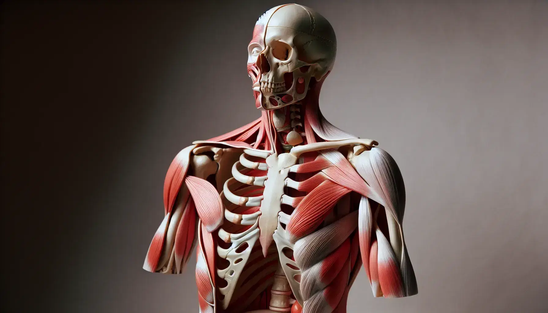 Modello anatomico dettagliato di torso umano con muscoli, ossa e articolazioni principali evidenziate su sfondo neutro.