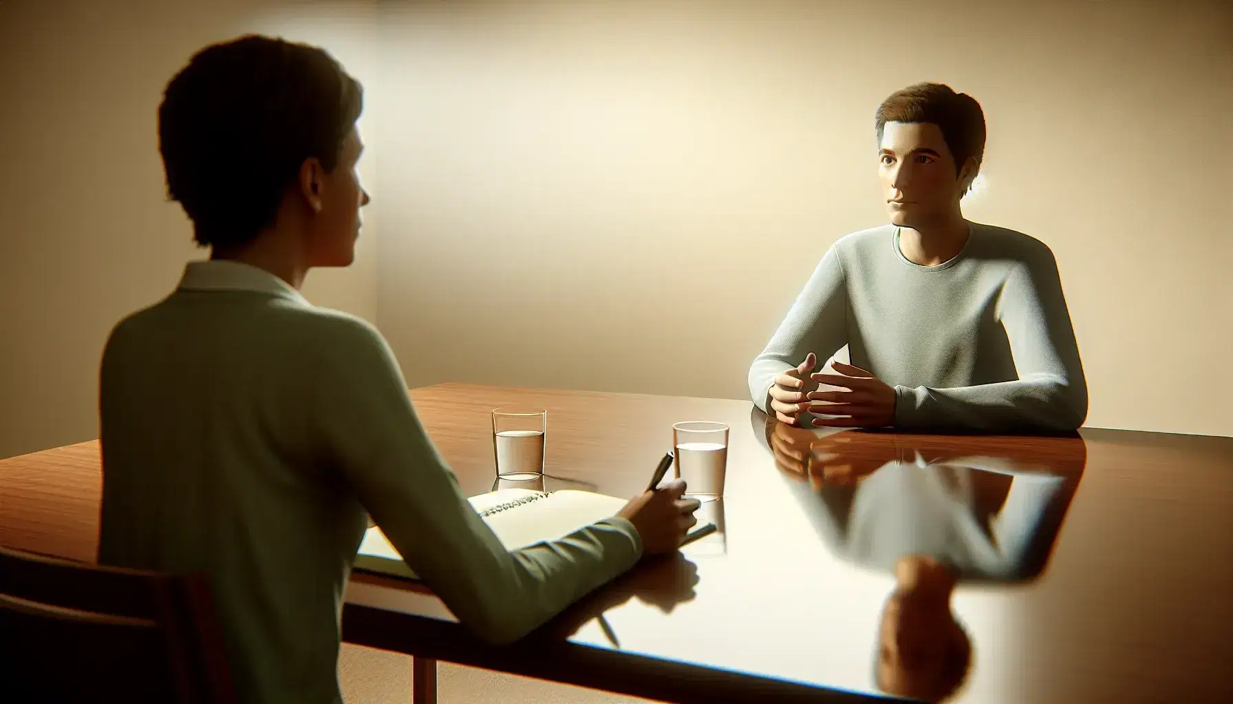 Two people sitting at a wooden table during an interview in a neutral colored room, with a glass of water between them and soft lighting.