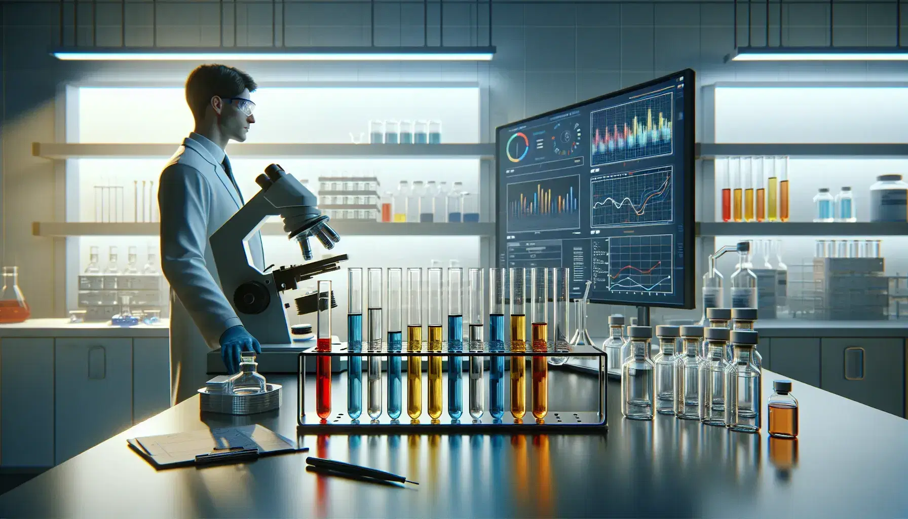Laboratorio científico con tubos de ensayo de colores en soporte metálico, microscopio y persona analizando gráficos en computadora.
