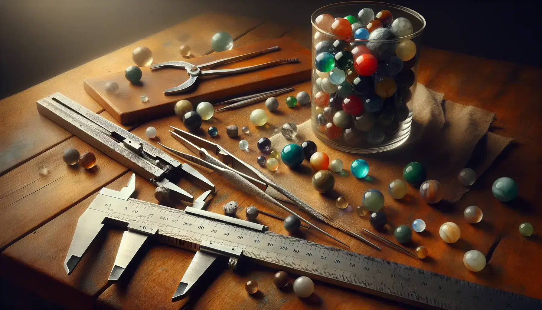 Close-up of a wooden table with measuring tools, steel ruler, caliper, glass beaker with colored marbles and wooden protractor.