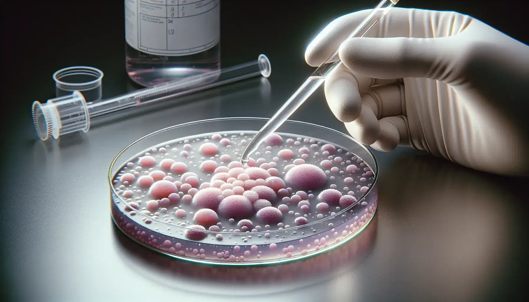 Close-up view of a petri dish with pink and purple cell cultures, white-gloved hands holding a pipette with a droplet above, in a well-lit lab setting.