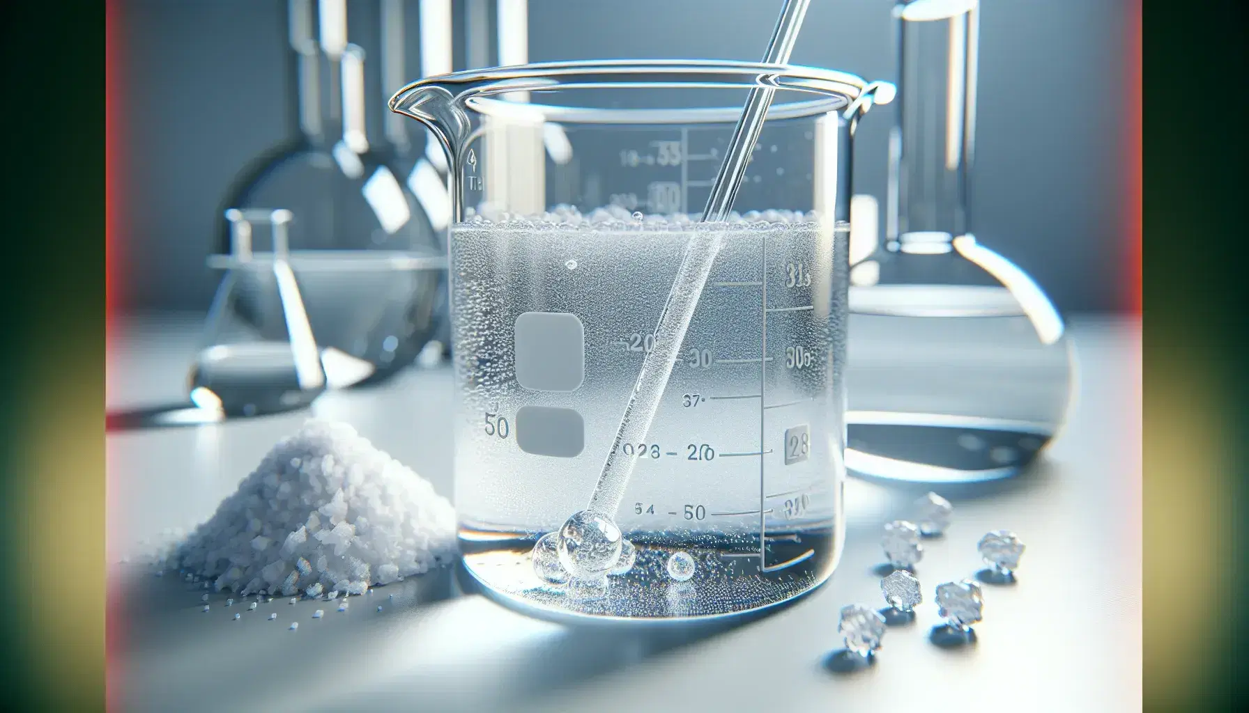 Transparent glass beaker with colorless liquid and bubbles, next to white crystals on white surface, stirring rod and blurred laboratory background.