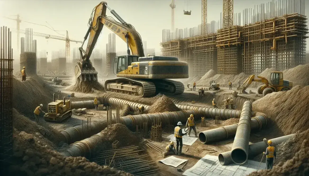 Yellow excavator scooping earth at a construction site with workers guiding concrete pipes, measuring foundations, and a red crane against a clear blue sky.