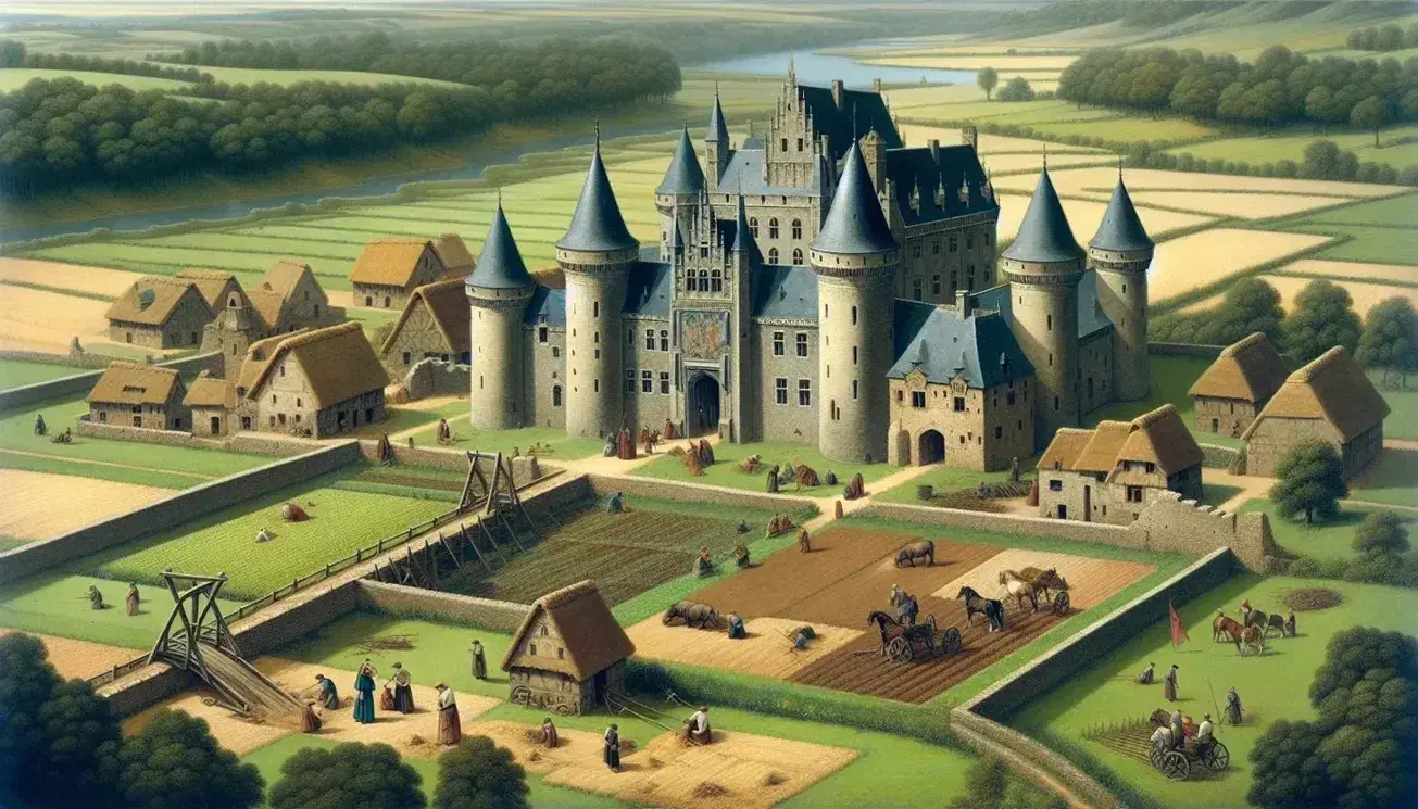 Medieval manor with stone castle, drawbridge, and working peasants in green countryside, surrounded by village cottages under a sunny sky.