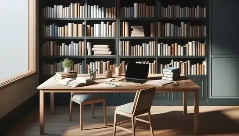 Biblioteca acogedora con estanterías de madera oscura llenas de libros, mesa con portátil abierto, papeles, cuaderno y planta, luz natural de ventana.