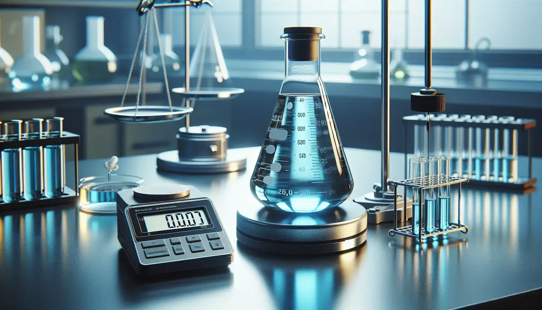 Laboratorio de química con matraz Erlenmeyer y líquido azul en agitador magnético, cronómetro digital y balanza analítica en uso.