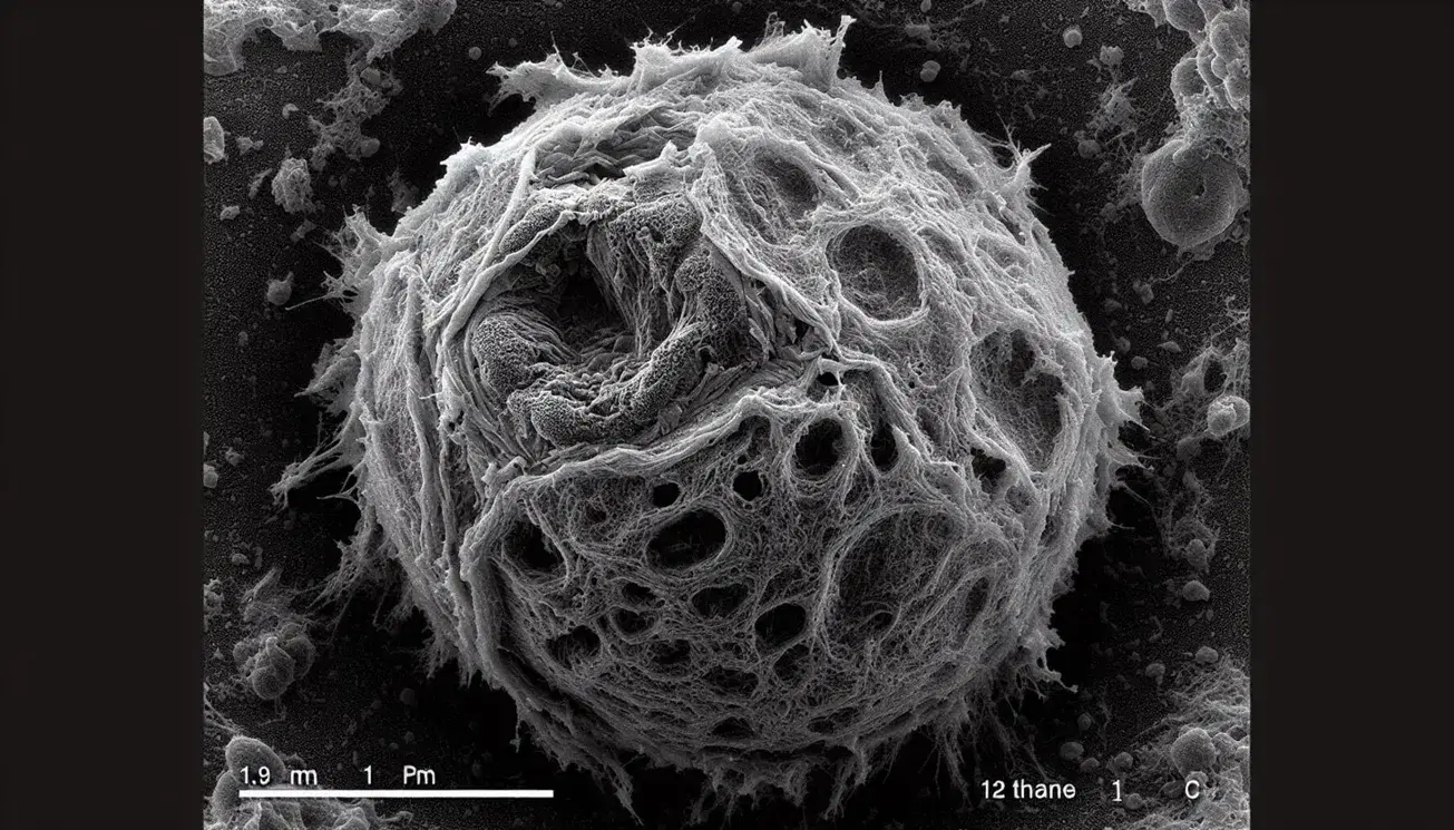 Microscopía electrónica de barrido muestra célula necrótica con superficie irregular y membrana dañada, en contraste con fondo oscuro.