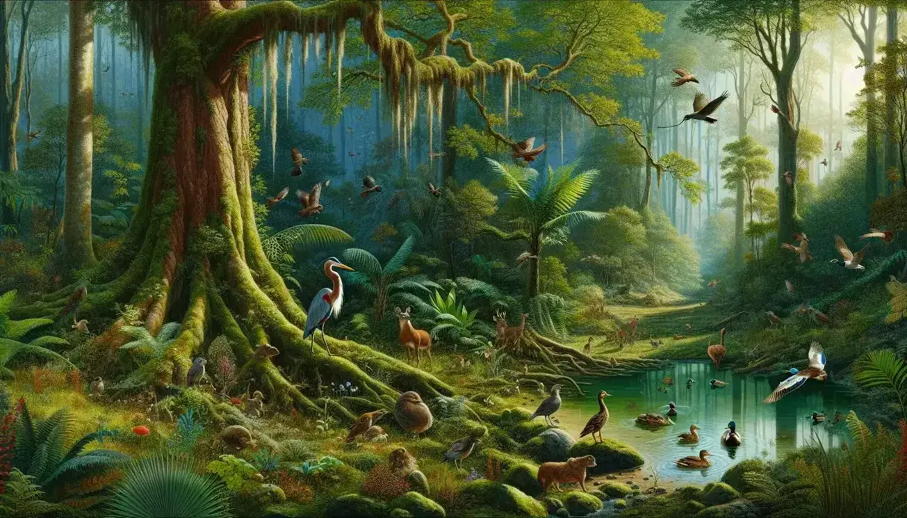 Diverse forest ecosystem with a large tree, moss, ferns, a pond with birds and ducks, a grazing deer, and a sunlit, cloud-dotted sky.