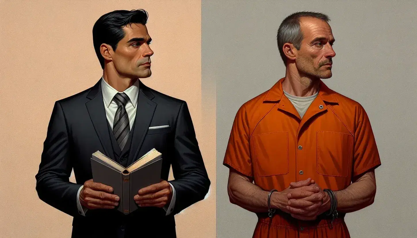 Two men standing side by side, one in a dark suit holding a book, the other in an orange prison jumpsuit, both with thoughtful expressions.