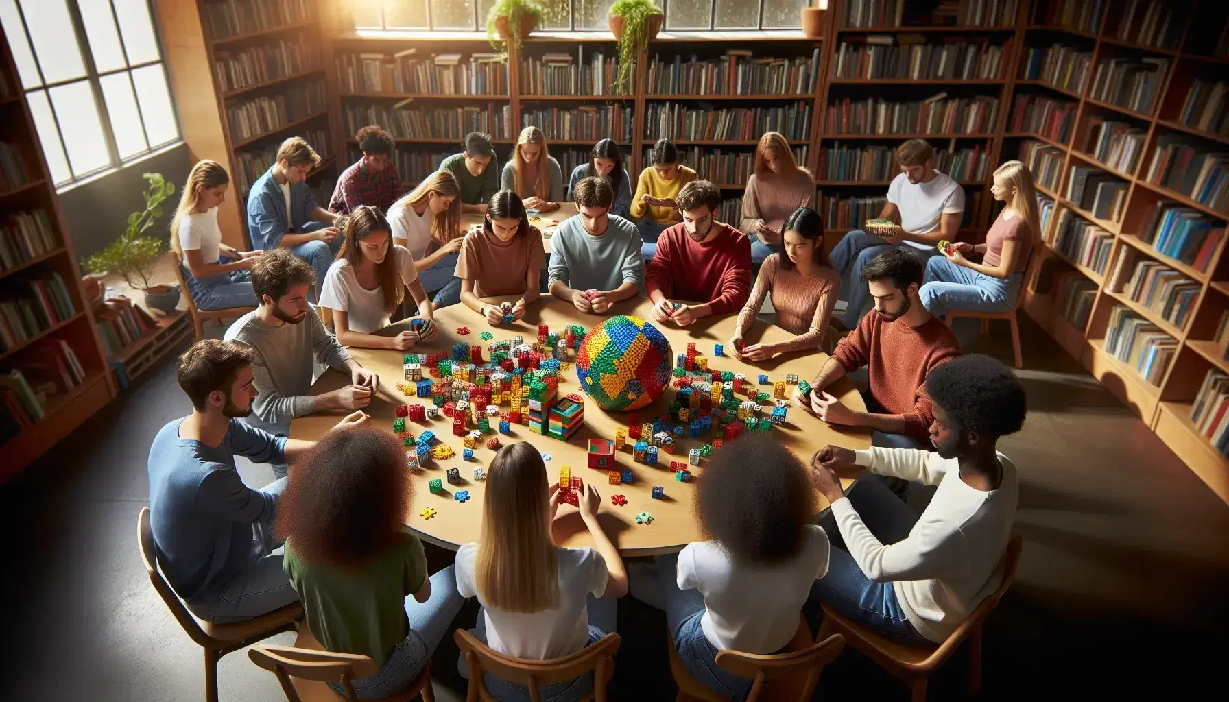 Estudiantes diversos colaborando en actividades de construcción y rompecabezas en una biblioteca iluminada naturalmente, con estantes de libros coloridos al fondo.