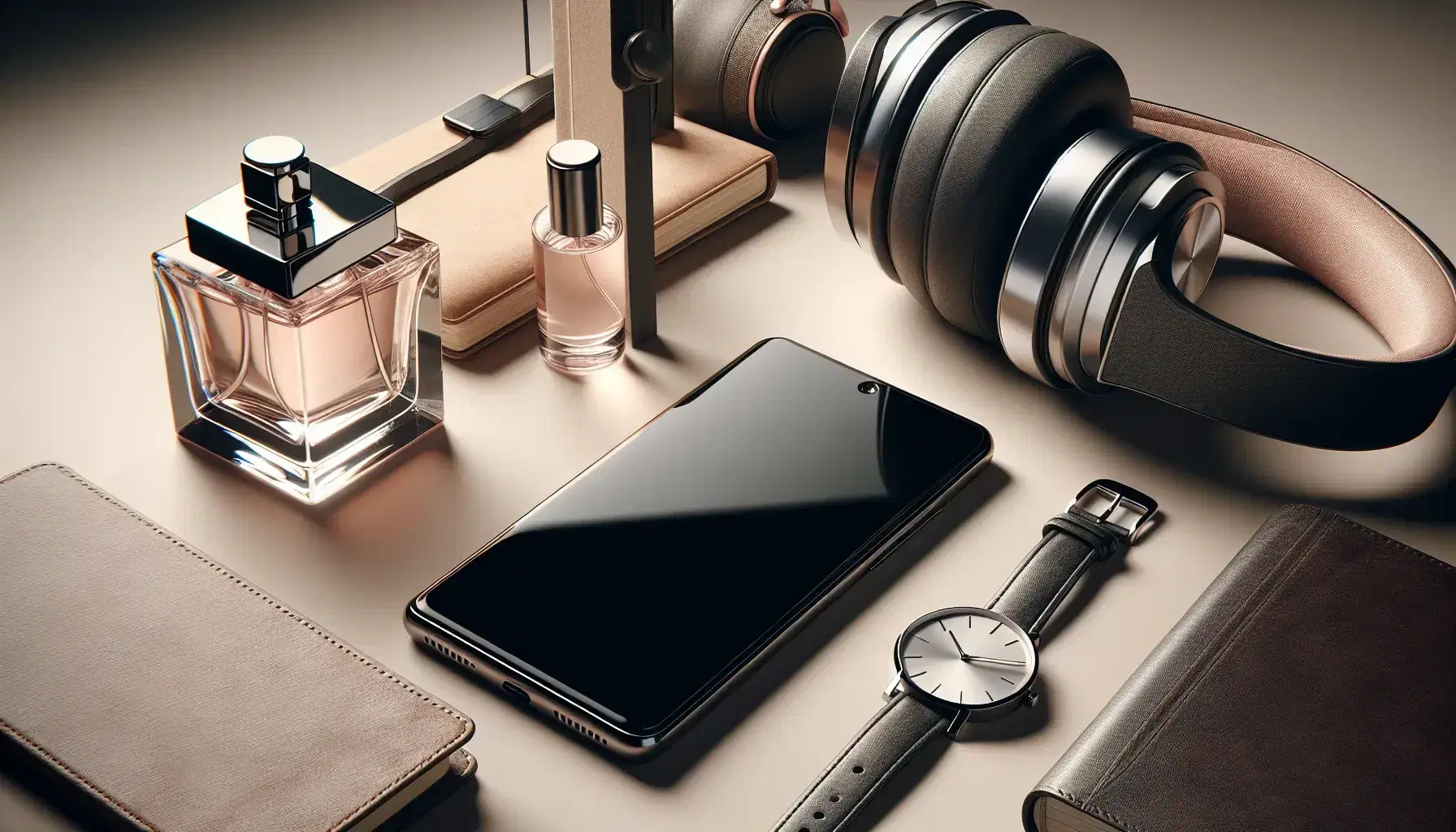 Modern smartphone with metallic edge, matte black over-ear headphones, luxury silver wristwatch, and perfume bottle on neutral background with leather notebook.