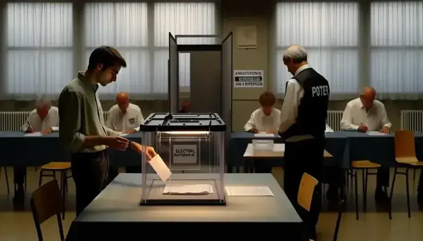 Urna trasparente per votazioni in un seggio elettorale con votante che inserisce la scheda, osservato da un membro del seggio.
