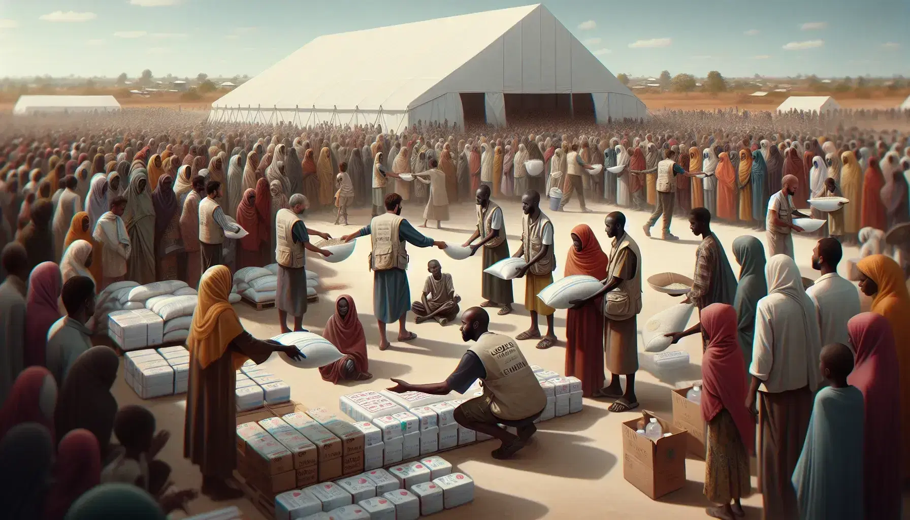 Humanitarian aid workers distribute food and water to a diverse group of people near a large white tent in an open field under a clear blue sky.