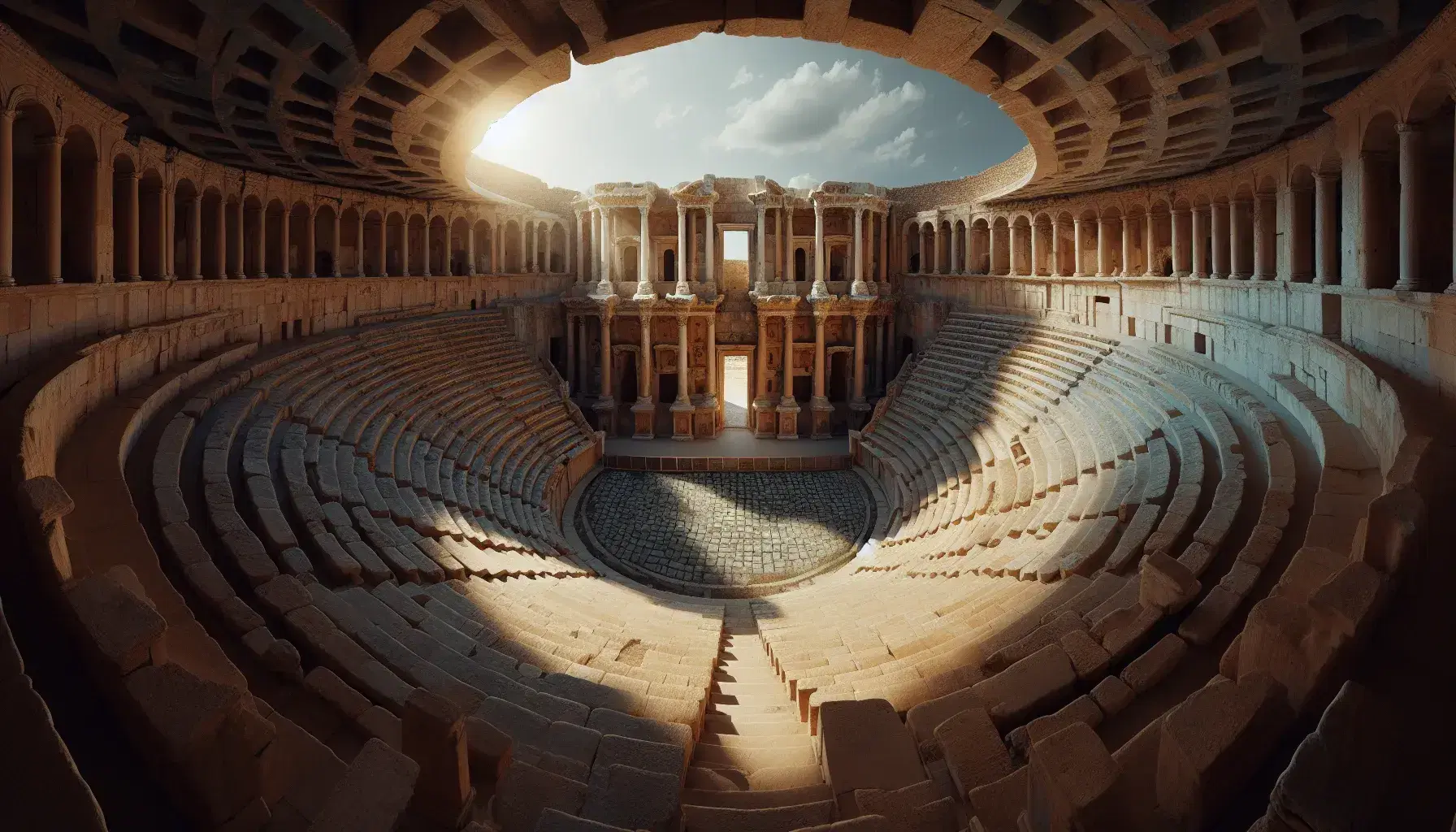 Interno di un teatro romano antico con cavea semicircolare in gradini di pietra ocra, orchestra pavimentata e palcoscenico con colonne, sotto un cielo azzurro.