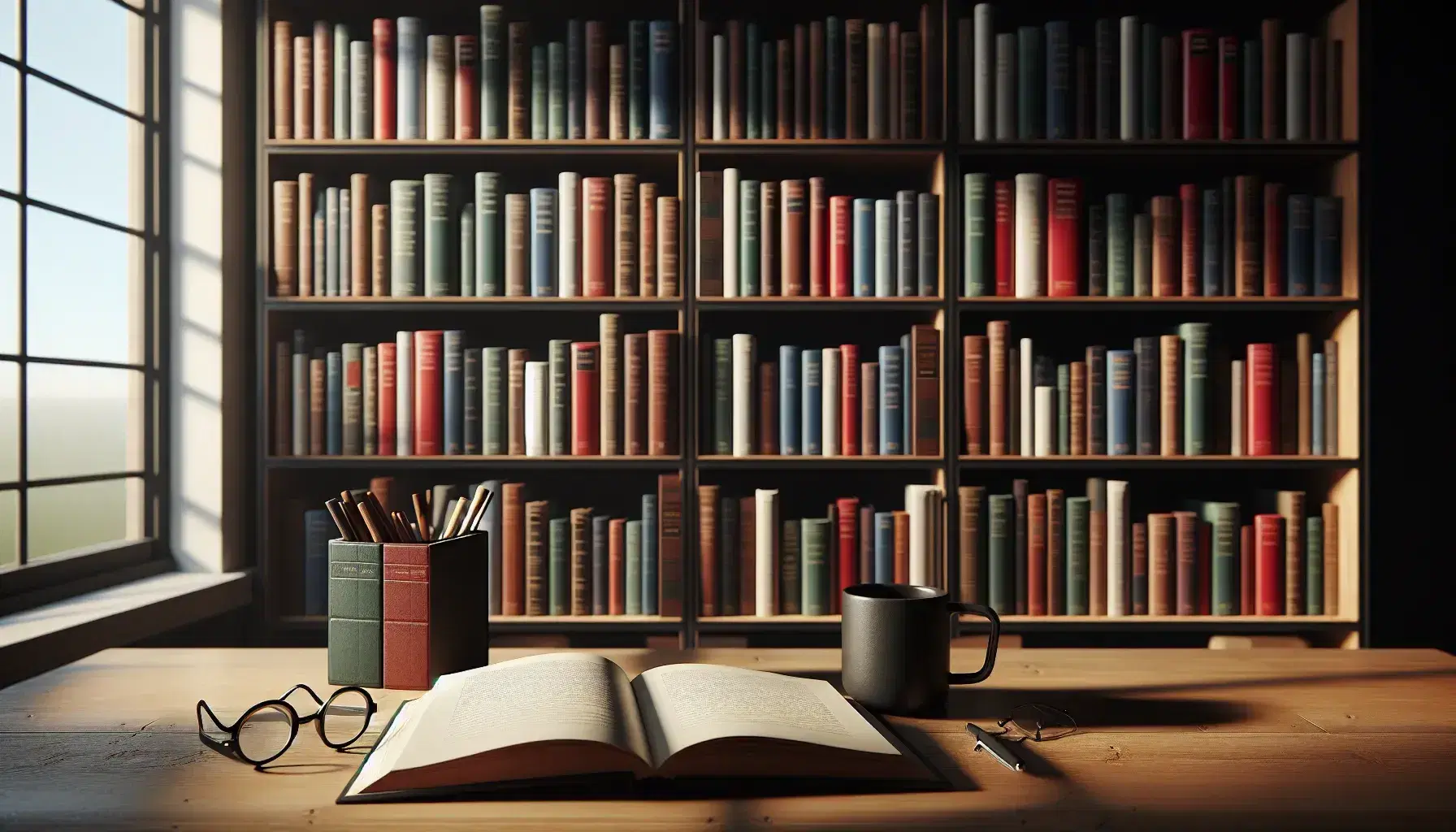 Estantería de madera oscura con libros variados junto a mesa con libro abierto, gafas y taza de café bajo luz natural.