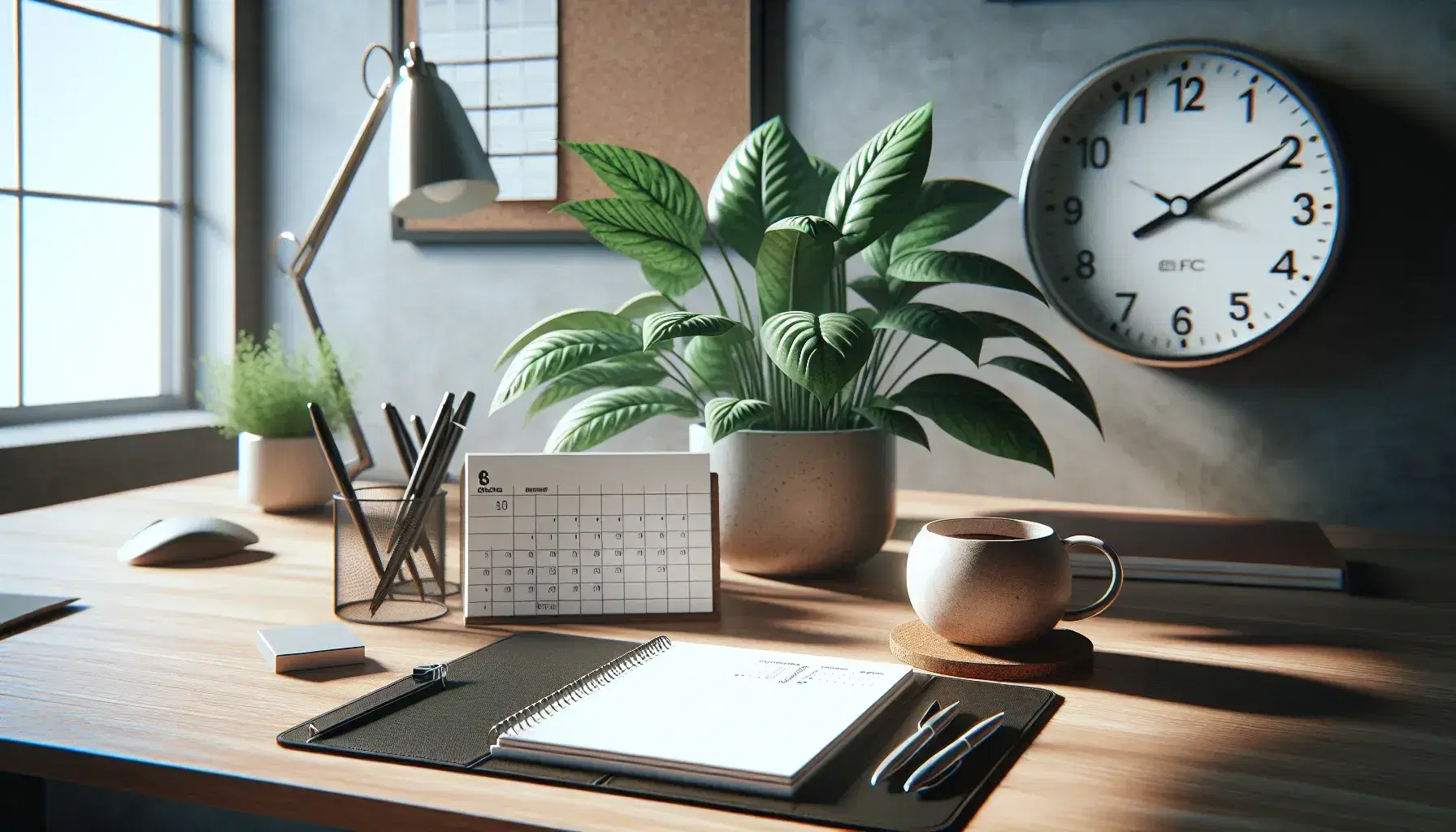 Escritorio de oficina con bloc de notas, bolígrafo negro, reloj analógico, calendario, planta interior y taza de café bajo luz natural.
