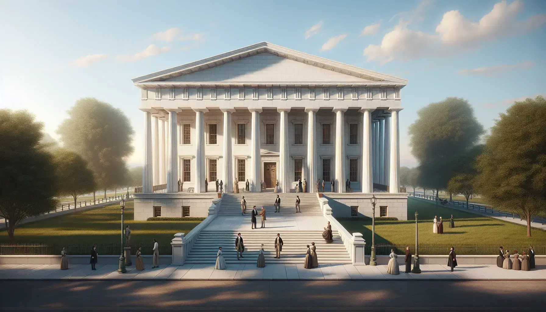 Neoclassical building with grand columns, triangular pediment, and symmetrical design, surrounded by manicured lawns and historical figures in 1800s attire.
