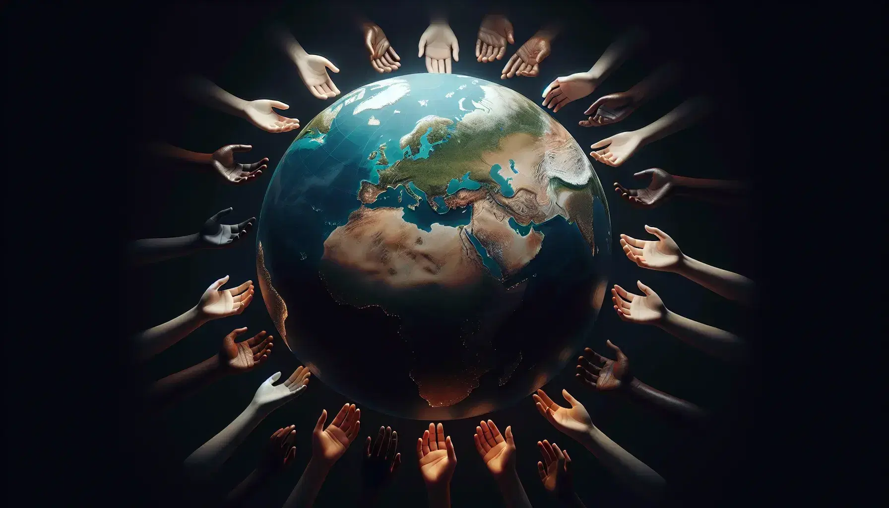 Globo terráqueo iluminado desde el interior con continentes en verde oscuro y marrón, océanos en azul profundo y manos diversas extendidas alrededor.